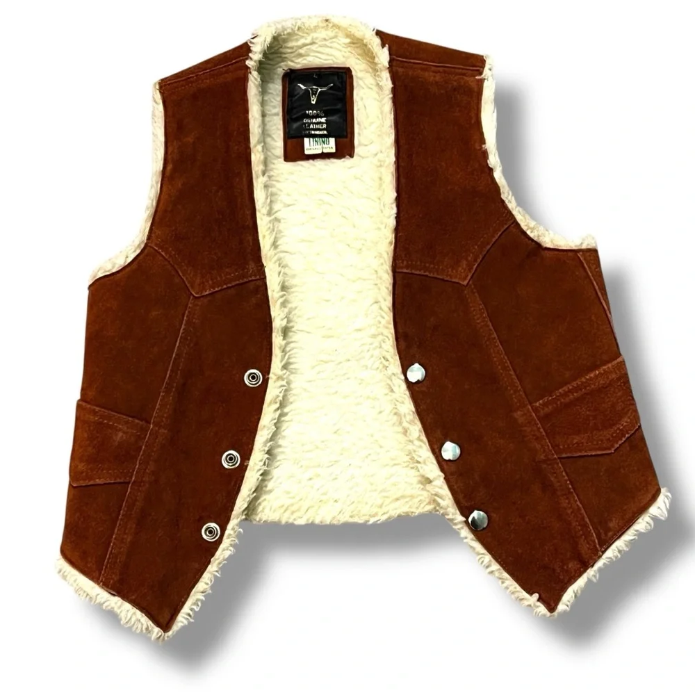 KIDS Suede Western Vest Faux Shearling Snaps Pockets Rodeo Cowboy Unisex Large